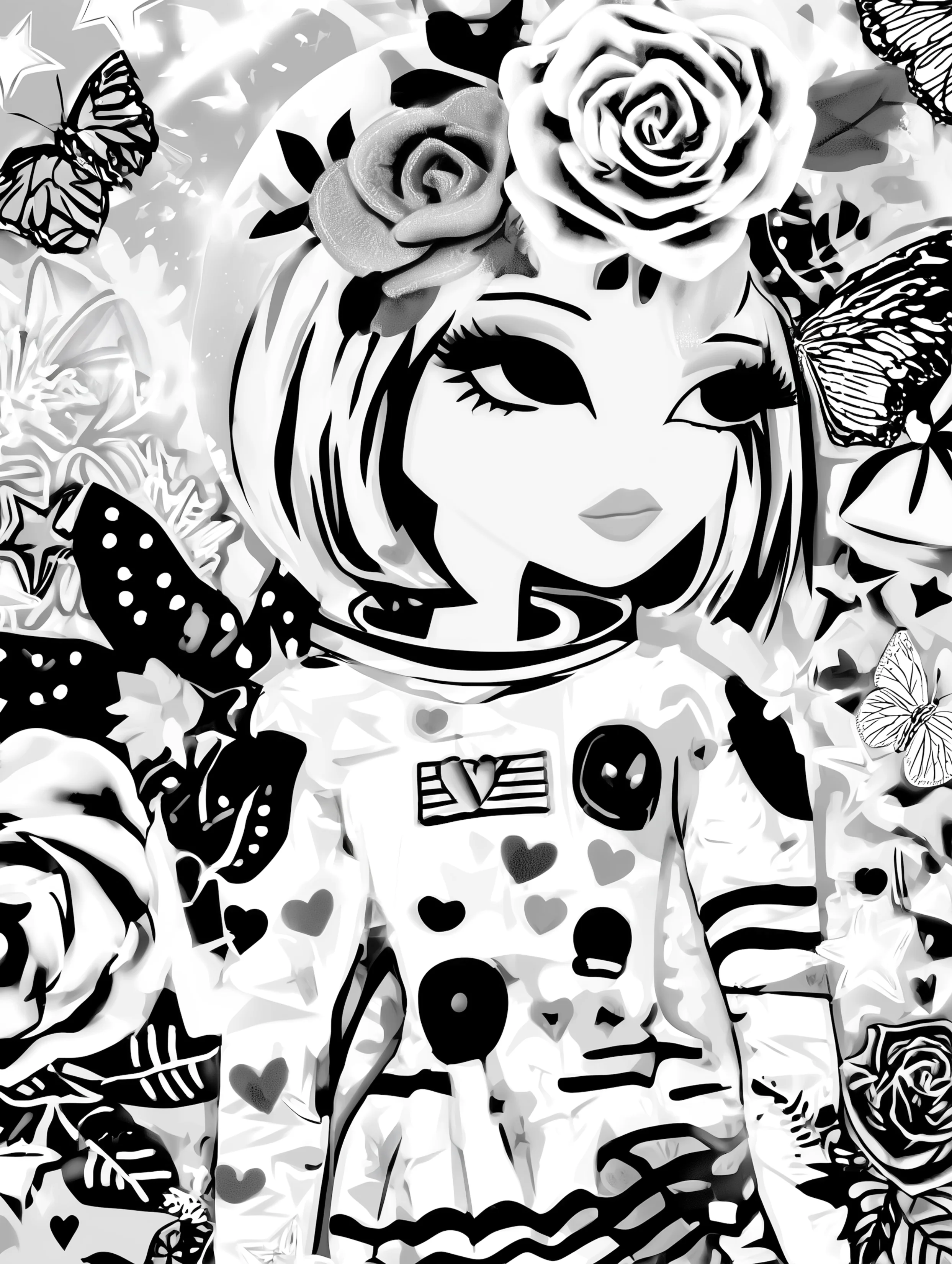 Free printable astronaut coloring pages for adults featuring roses on head astronaut